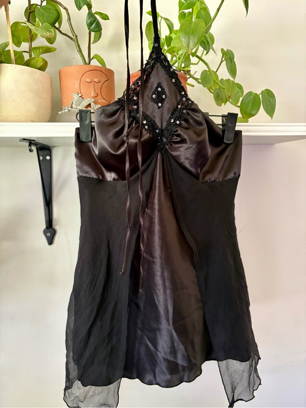 Vintage UB Satin & Sheer Beaded Halter Cami